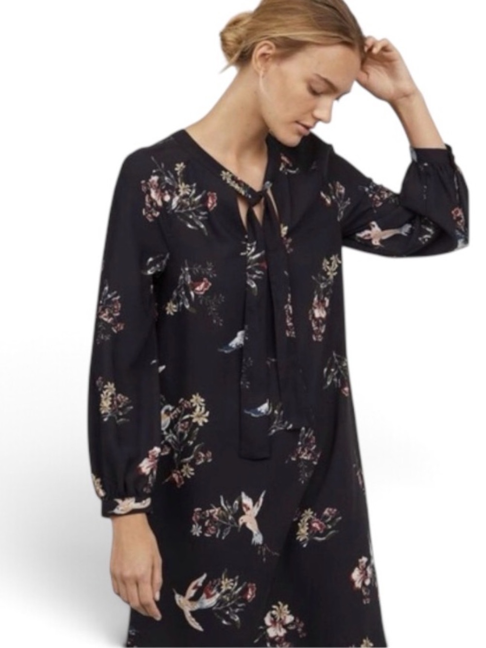 H&M Bird Floral Print Dress with Tie Neck Size 8